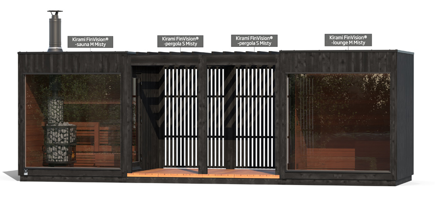 Kirami FinVision® -sauna M Misty, pergola S Misty,-pergola S Misty ,-lounge M Misty