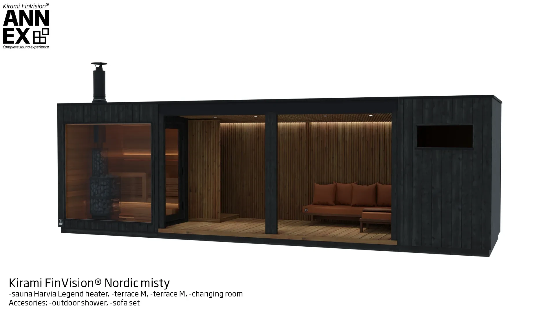 Kirami FinVision® -sauna (with Harvia Legend heater), -terrace M, -terrace M, -changing room Misty | Kirami FinVision® Annex