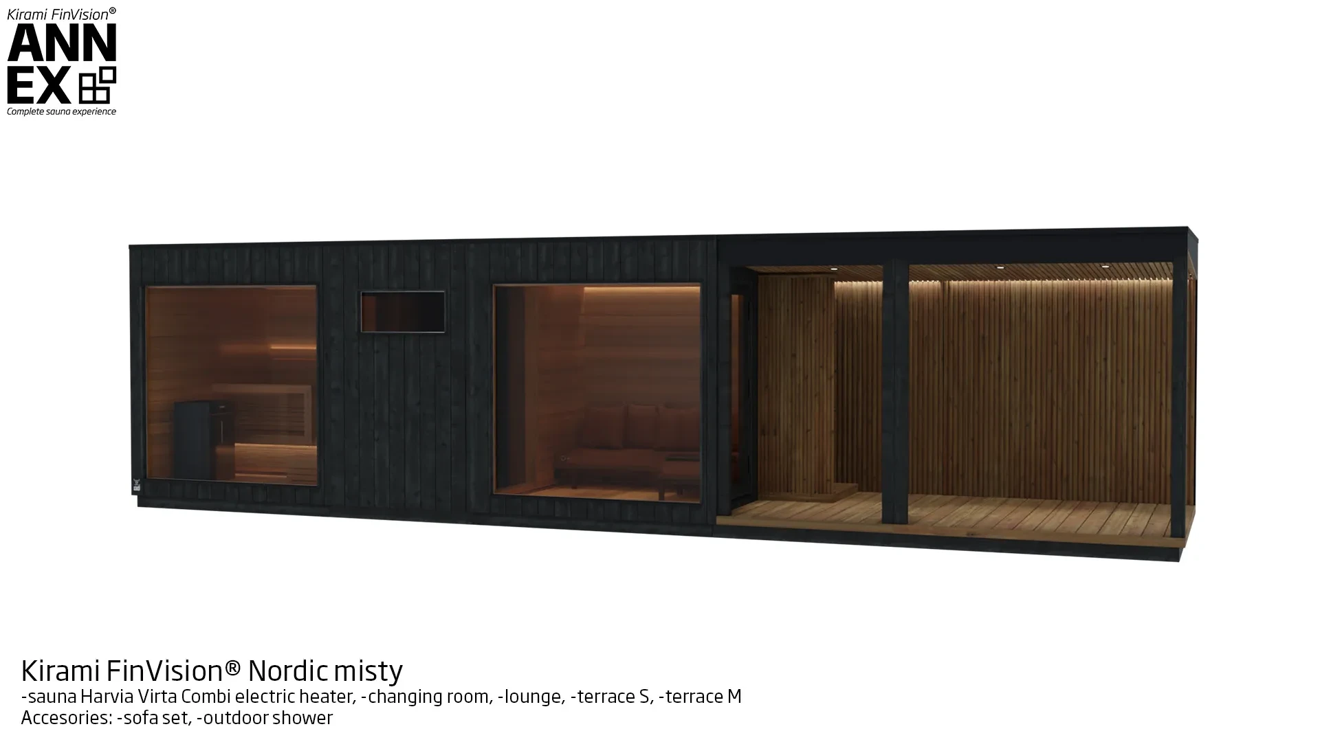 Kirami FinVision® -sauna (with Harvia electric heater), -changing room, -lounge, -terrace S, -terrace M Misty | Kirami FinVision® Annex